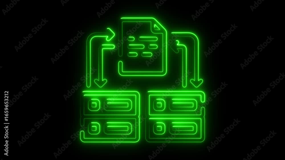 Poster green neon glowing icon of document transfer between two data blocks on black background file storag