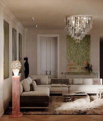 A modern living room in a luxurious stylish indoor design style..