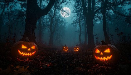 Fototapeta premium A spooky orange Halloween pumpkin with bats and a black tree silhouette against a dark moonlit sky