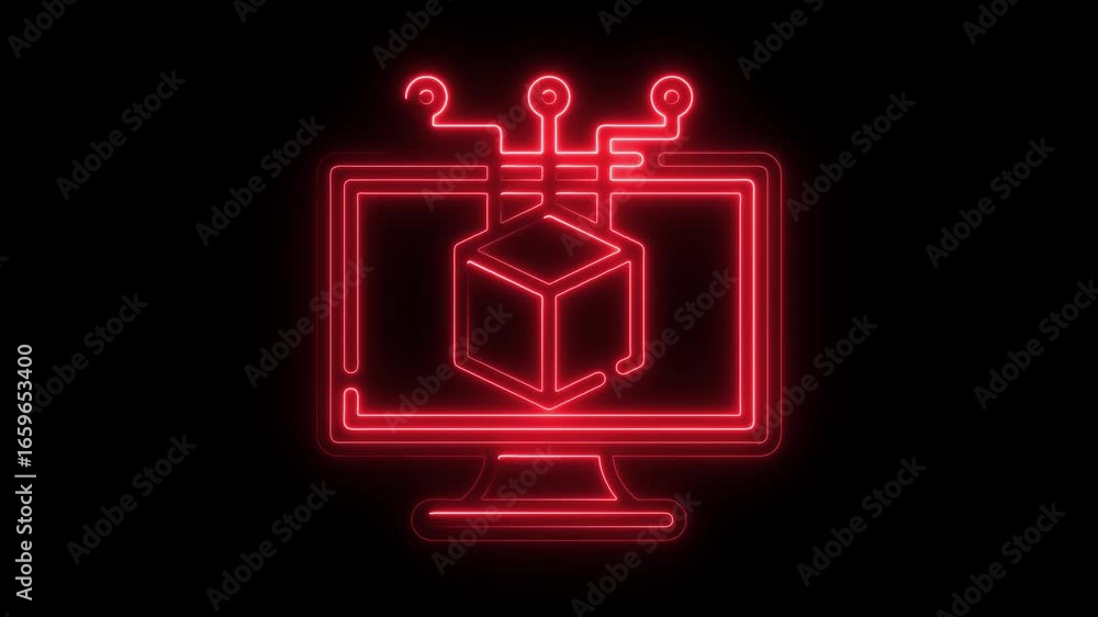 Poster red neon outline of a computer monitor displaying a3d cube with download arrows on a black backgroun