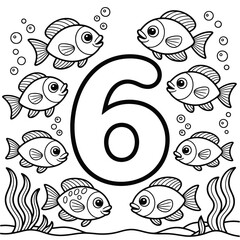 Number 6 with six fish swimming around on white background fishes underwater