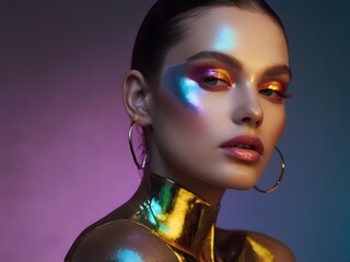 Fashion model showing holographic iridescent makeup and gold clothes