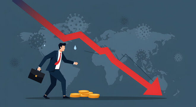 Global Economic Crisis and Financial Downturn: Businessman Faces Recession with Red Arrow and Lost Money - Powered by Adobe
