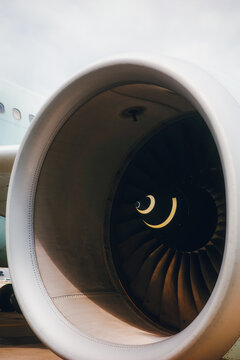 Close-up view of an airplane turbine engine