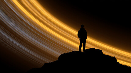 Silhouette of a person on a cliff observing giant glowing rings of light in outer space, expressing a sense of awe, wonder, and cosmic exploration