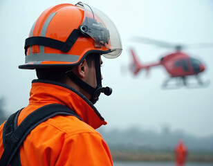 Emergency responder in bright orange uniform and helmet observes red helicopter. High-visibility safety gear worn. Teamwork during disaster response operation, preparedness for rescue mission.
