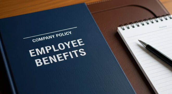 Employee benefits company policy book and notebook with pen on a wooden background