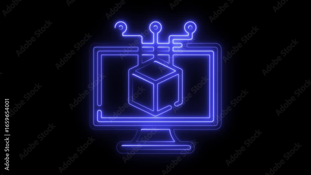 Poster blue neon outline of a computer monitor displaying a3d cube with download arrows on a black backgrou