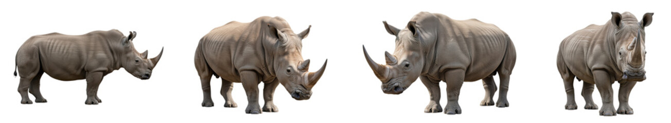 Obraz premium Group of four rhinoceros standing on transparency background showing different angles and details of their thick skin and horns