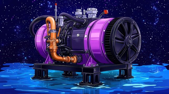 Purple Pixel Engine Floating on Water Under Starry Sky - Powered by Adobe