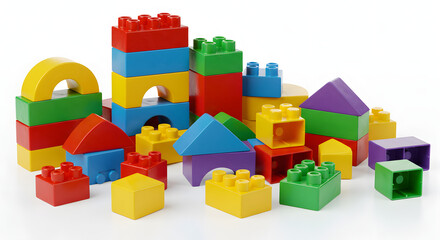 Vibrant Multi-Colored Plastic Building Blocks Stacked and Arranged on a White Background