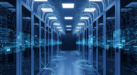 High-tech data center with rows of server racks and dynamic blue light trails representing data flow.