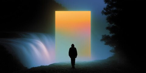 Silhouette of a person before a giant glowing portal with a pastel gradient, set in a magical forest with a waterfall, expressing a surreal journey into the unknown