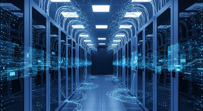 High-tech data center with rows of server racks and dynamic blue light trails representing data flow.
