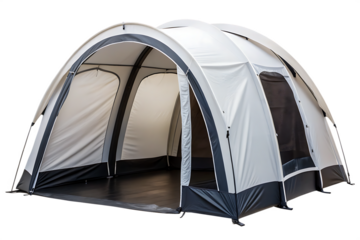 Open Inflatable Dome Tent With Gray And White Panels inflatable tent camping tent isolated on a transparent background