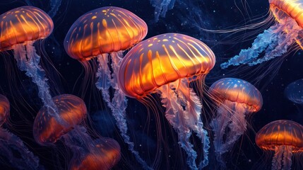 Fototapeta premium Glowing neon Jellyfish Underwater. Jellyfish Texture. Close-Up of Jellyfish. Bioluminescent Jellyfish. Jellyfish Tentacles. Pattern of Jellyfish. Detailed Jellyfish Texture. Natural Ocean Creatures. 