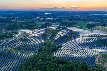 Photovoltaic panels on a hillside at sunset