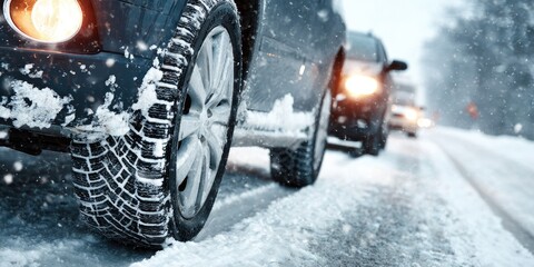 Snow-covered vehicles on a winter road