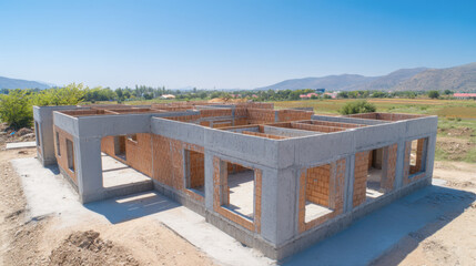 Obraz premium Construction of a new single-family home in a rural area with a clear sky and mountain backdrop