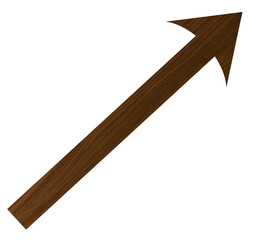 Dark brown wooden arrow pointing upwards and to the right on pure transparent background. Arrow has a prominent wood grain texture with visible lines and patterns and no shadows