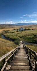 Wooden stairs descend to a ranch house, rural landscape