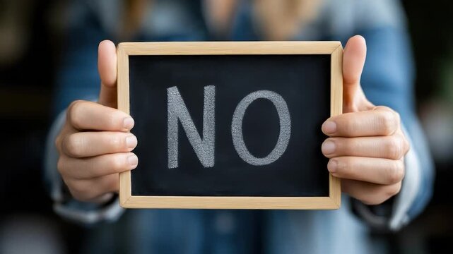 A hand holds a small chalkboard displaying the word "NO