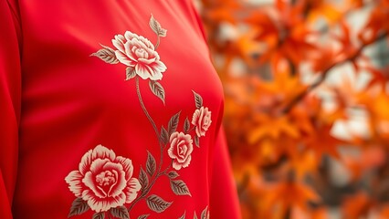 Traditional red silk cheongsam with peony embroidery, flowing gracefully with autumn maple leaves.