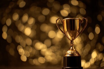 Gleaming golden trophy stands proudly against a backdrop of shimmering bokeh lights, symbolizing achievement and success.