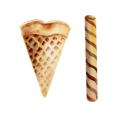 Rolled wafer biscuit with visible spiral lines, waffle triangle piece, crispy pastry. Isolated illustration hand drawn in watercolor. Dessert garnish, ice cream topping art, bakery packaging decor.