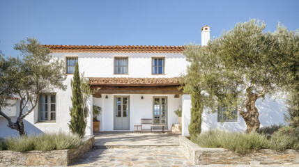 Mediterranean style house with olive trees and stone pathway in bright daylight