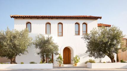 Frontal view of a single-family Mediterranean house with olive trees in soft sunlight