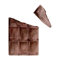 Unwrapped dark or milk chocolate bar with square segments, broken piece. Isolated illustration hand drawn in watercolor. Sweet branding, dessert pairing design, recipe card ingredient, cocoa products.
