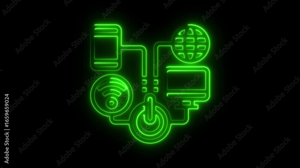 Poster green neon connected devices icon with wifi and power button on black background technology network