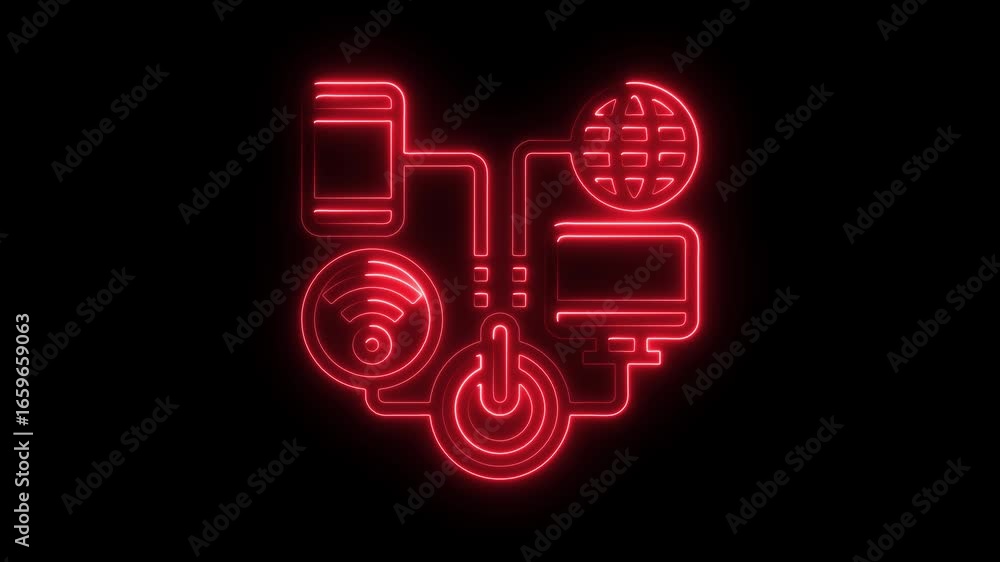Poster red neon connected devices icon with wifi and power button on black background technology network