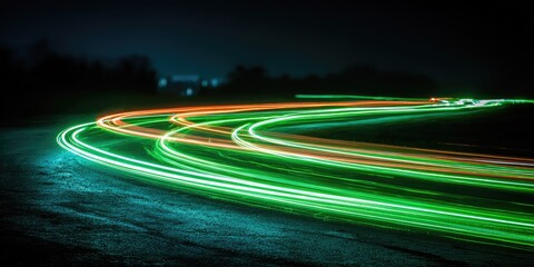 Night-time long exposure of cars' light trails curving on a race track