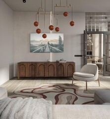 A modern living room in a luxurious stylish indoor design style..