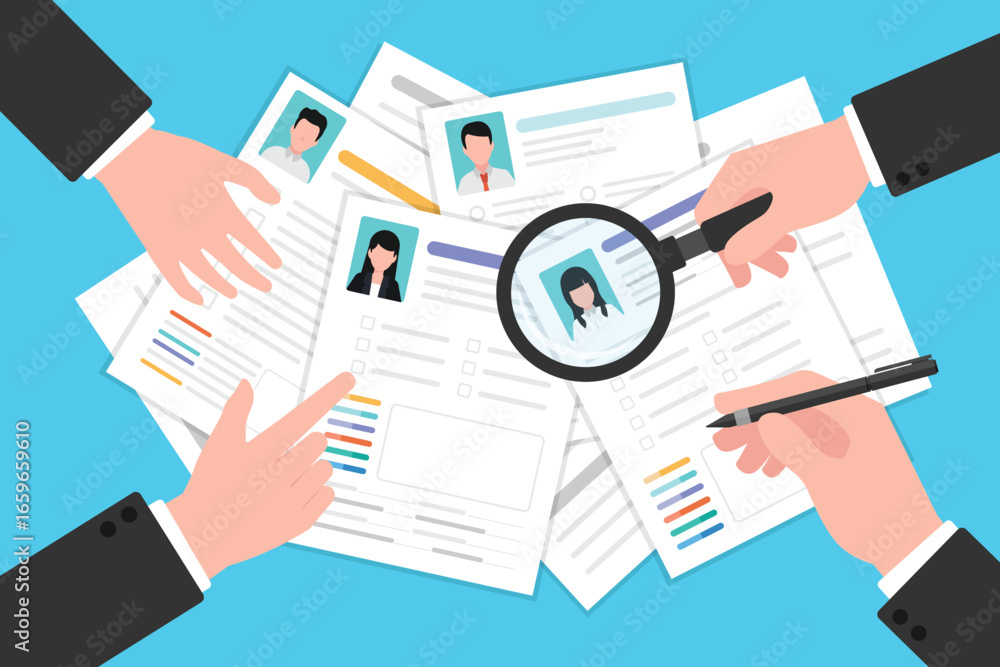 Poster group of people hand searching for candidate resume cv paper on the table, top view of document pape