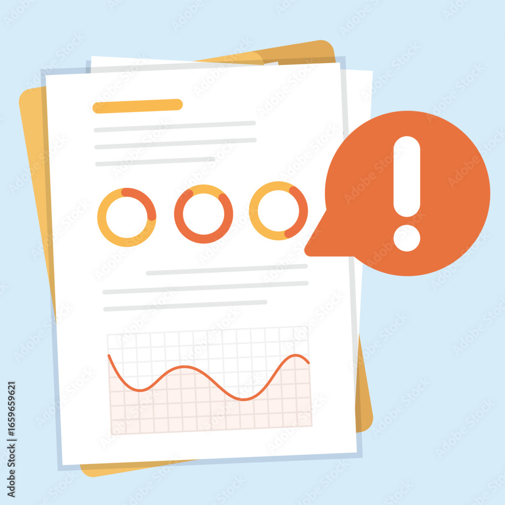 Poster document data paper with alert notification bubble, data error icon on document sheet.