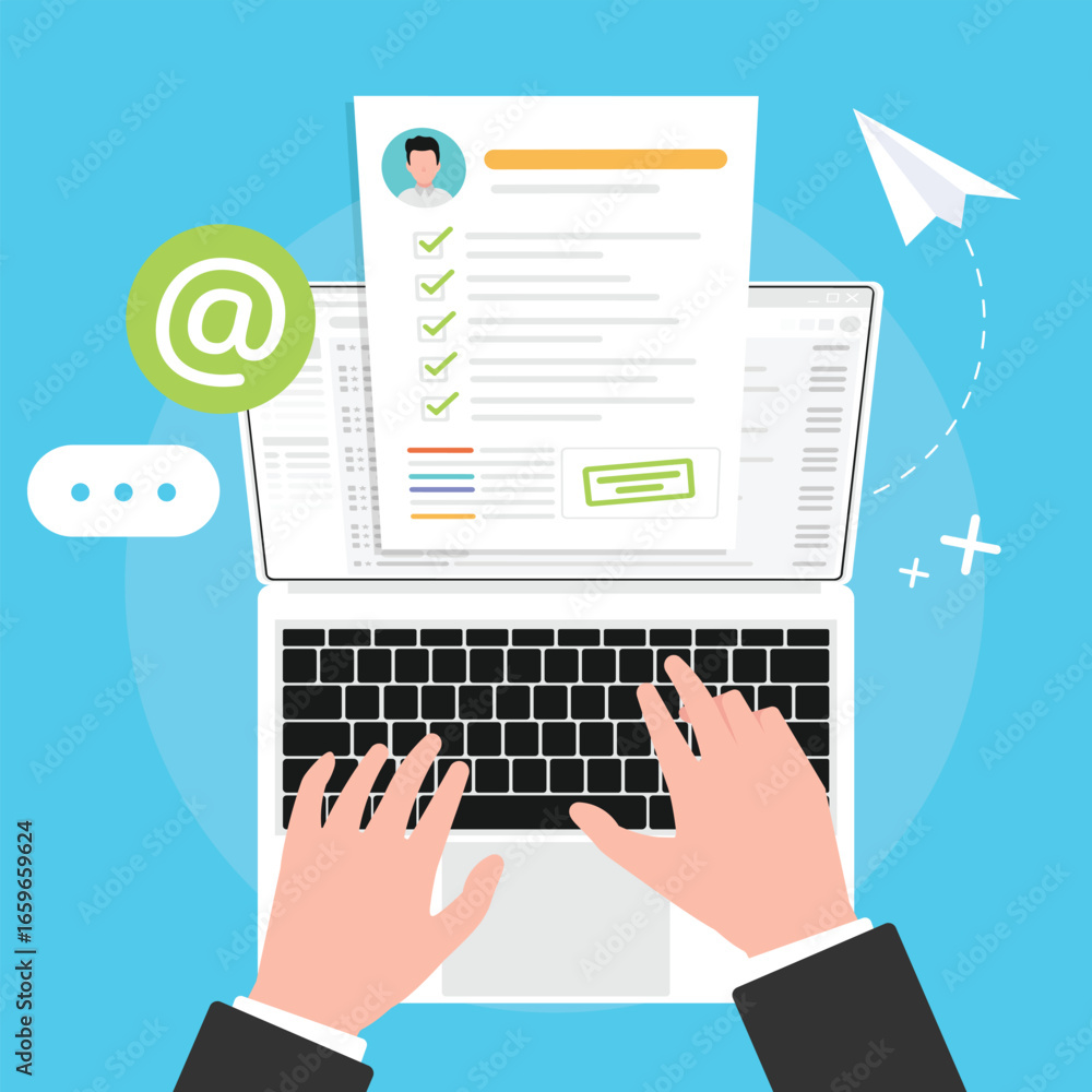 Poster people using laptop with two hand, resume cv create by notebook, sending email document cv with comp