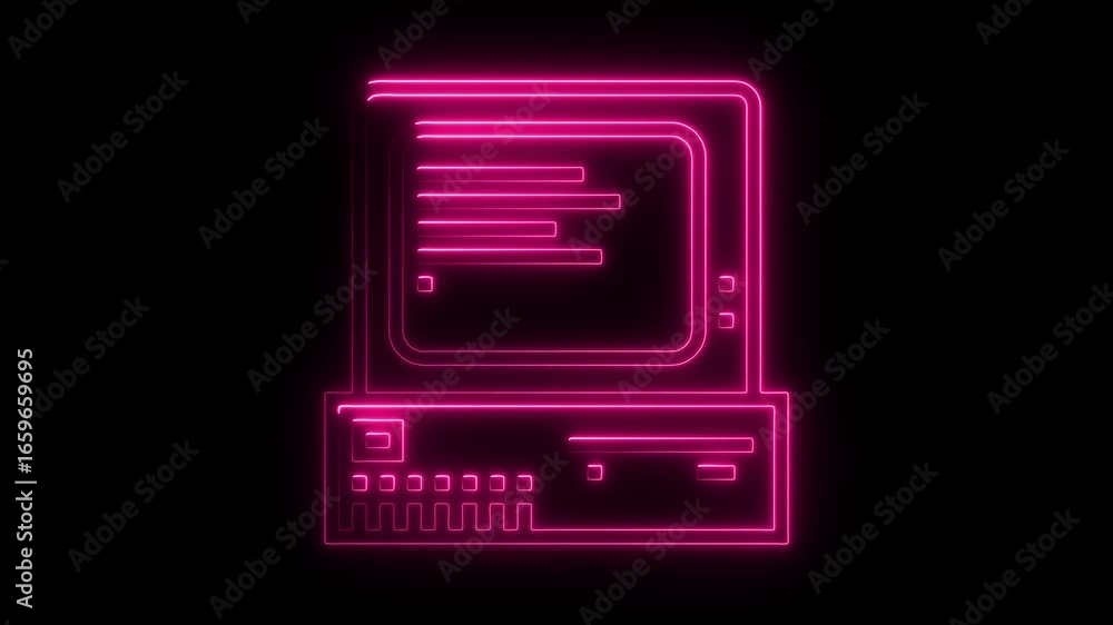Poster pink neon outline of vintage computer with screen displaying horizontal lines and keyboard retro tec