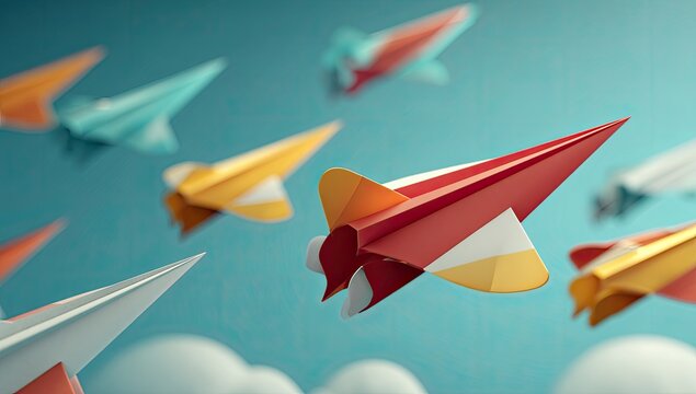 Colorful paper airplanes soaring through a network sky - Powered by Adobe