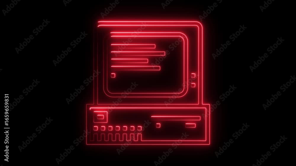 Poster Red neon outline of vintage computer with screen displaying horizontal lines and keyboard retro technology