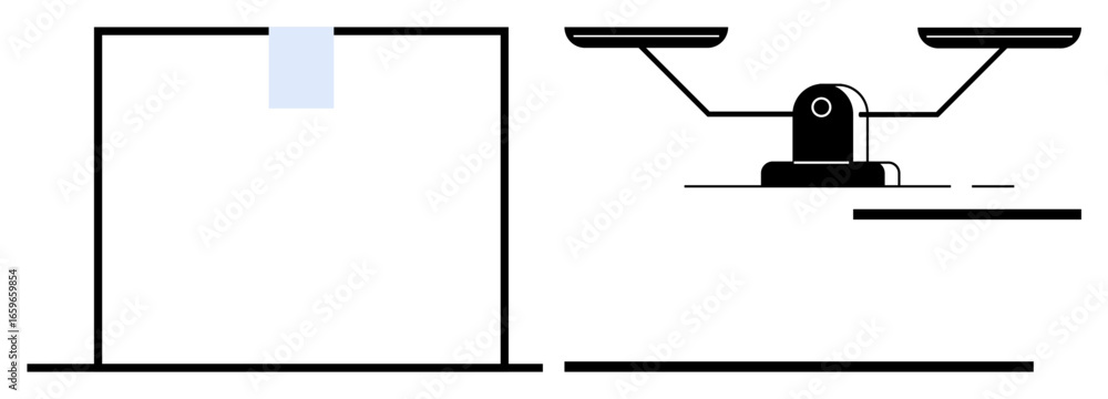 Poster linear scales balancing objects with one item in focus, highlighting equality, measurement, and accu
