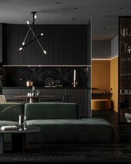 Modern living room with a kitchen on the background..