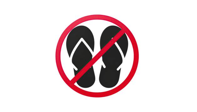 No Flip Flops Allowed Sign Symbol Prohibited Footwear Warning Circle Isolated on White background 