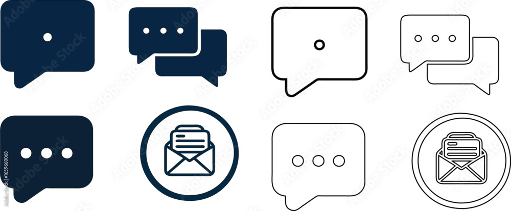 Poster chat bubble symbol set in varied styles for ui kits and digital products.