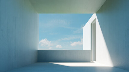 Obraz premium Perspective view of a modern structural box with open space and sky above