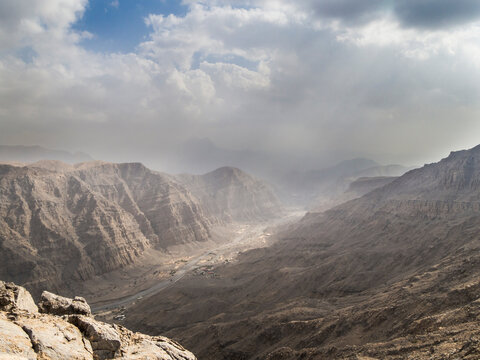Mountain landscape view across Hajar mountains in Ras Al Khaimah UAE