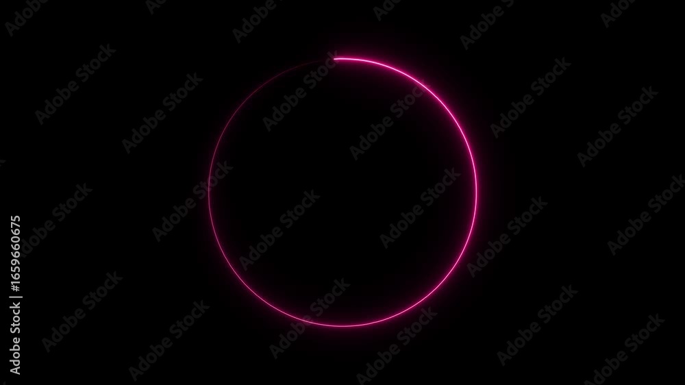 Poster pink neon circle with a segment missing on a black background ring glowing