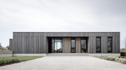 Modern single-family home with wooden exterior and clean lines in a serene setting